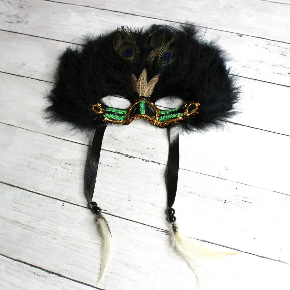 Masquerade Face Mask Peacock Feather Plumes Venetian Mardi Gras Costume